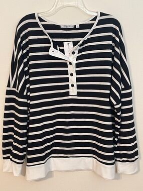 NWT Notations Black & White Striped Button Henley Long Sleeve Top